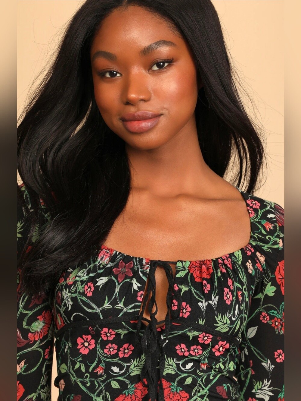 Free People Make It Easy Long Sleeve Fitted Scoop Neck Top Black Red Floral Sz M - Picture 6 of 11